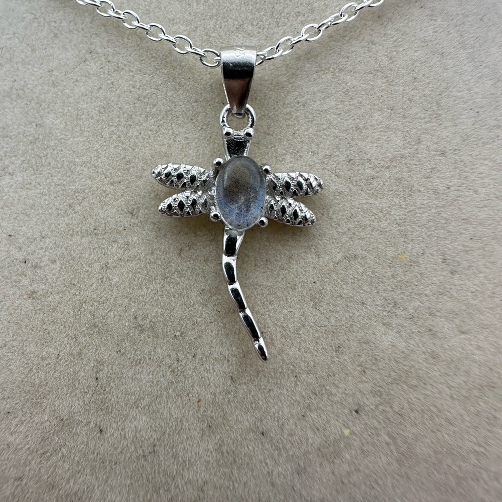 Silver Moonstone Dragonfly Pendant Necklace on Silver Plated Box Chain - Picture 6 of 12